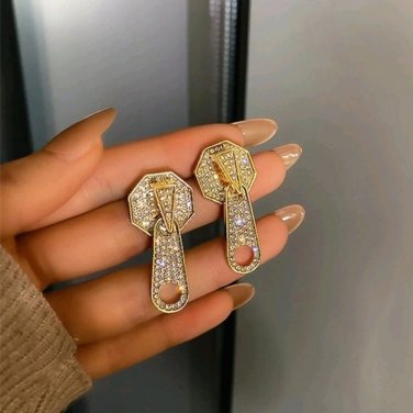 Gold Geometric Chic Crystal Dangle Zipper Earrings