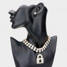 Gold Pad Lock Crystal Pendant Choker Statement Chain Bling Necklace Jewelry