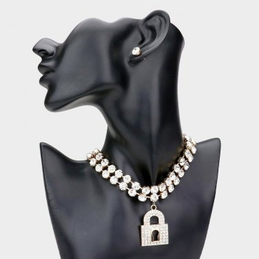 Gold Pad Lock Crystal Pendant Choker Statement Chain Bling Necklace Jewelry