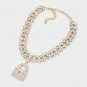 Gold Pad Lock Crystal Pendant Choker Statement Chain Bling Necklace Jewelry
