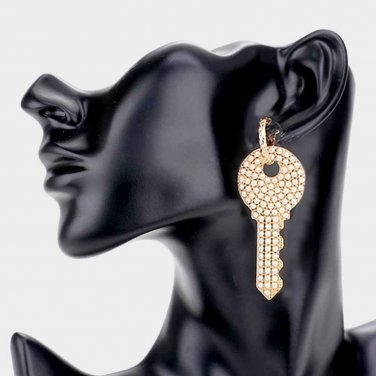 Gold Cream Pearl Key Shaped Bling Dangle Earrings Cute Statement Fashion Jewelry