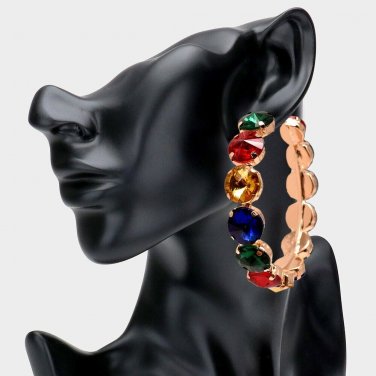 Colorful Crystal 3" Bold Fun Fashion Stylish Trend Bling Geometric Hoop Earrings