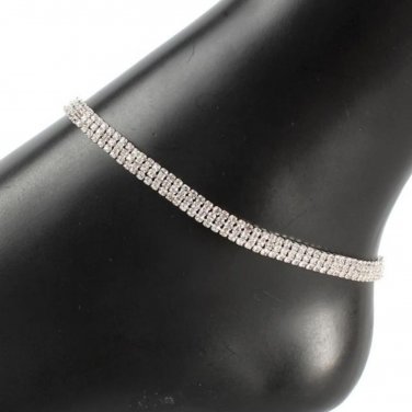 Silver Rhinestone Crystal 3 Row Bling Formal Tennis Chain Anklet Sparkly Metal