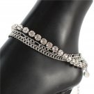 Silver Rhinestone Crystal Chain Link Butterfly Pendant 3 Layered Anklet Metal
