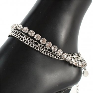 Silver Rhinestone Crystal Chain Link Butterfly Pendant 3 Layered Anklet Metal