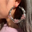 Pink Silver Rhinestone Crystal Butterfly Bamboo Fashion Jewelry Hoop Earrings