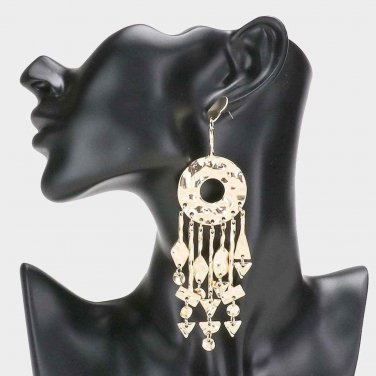 Gold Hammered Metal Dangle Earrings Long Chandelier DreamCatcher Style Jewelry