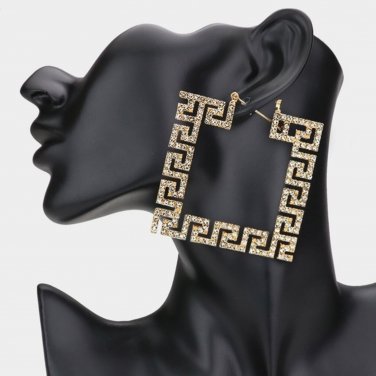 Gold Greek Key Patterned Rhinestone Crystal Square Hoop Earrings Oversized