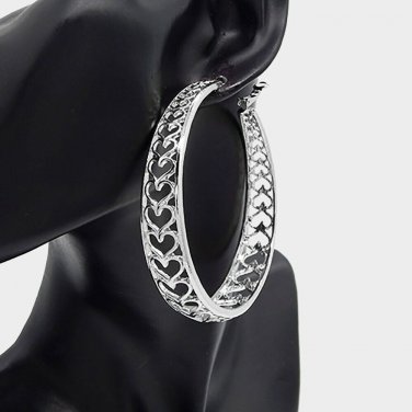 Silver Heart Shaped 3" Cut Out Fun Fashion Trend Modern Rhinestone Hoop Earrings