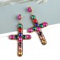 MultiColored Gold Cross Rhinestone Crystal Fashion Trendy Dangle Earrings Cute