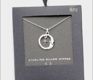 Silver Moon Necklace Pendant Rhinestone Crystal Round CZ Statement Chain Jewelry