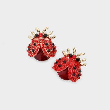 Red Ladybug Rhinestone Gold Pendant Fashion Jewelry Stud Earrings Cute Style