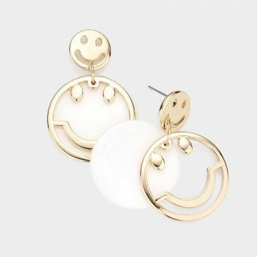 White Gold Smiley Face Shaped Layered Fashion 1.5 Inch Cute Fun Dangle Earrings