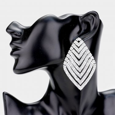 Silver Crystal Rhombus V Shape Rhinestone Stylish Formal Trendy Dangle Earrings