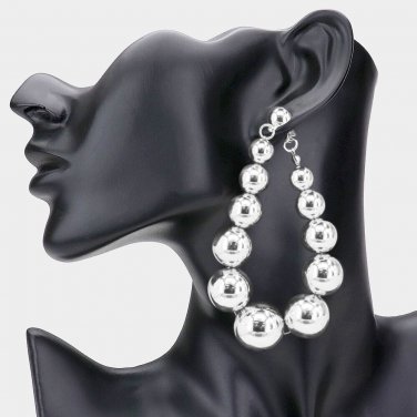 Silver Beaded Metal Ball 3.25 Inch Oversized Cute TearDrop Large Hoop Earrings