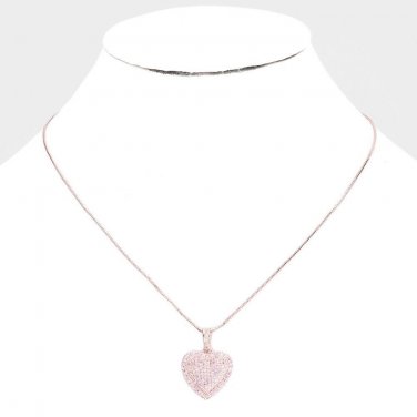 Pink Rose Gold Heart Pendant Necklace Chain Charm Rhinestone Crystal CZ Jewelry
