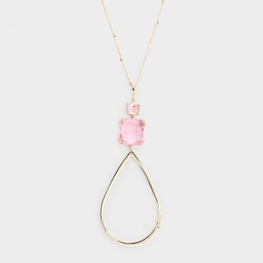 Long Pink Gold Necklace Stone Teardrop Pendant Chain Cute Sweater Jewelry Trendy