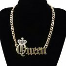 Gold QUEEN Crown Pendant Style Statement Chain Word Necklace Fashion Jewelry Set