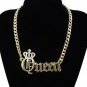 Gold QUEEN Crown Pendant Style Statement Chain Word Necklace Fashion Jewelry Set