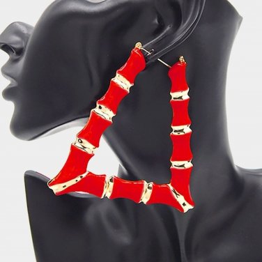 Red and Gold Bamboo Door Knocker Earrings Trendy Triangle Large Hoop Jewelry