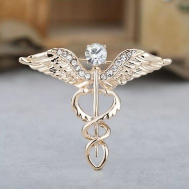 Gold Crystal Brooch Pin Nurse Doctor Medical Hospital Badge Wing Clip