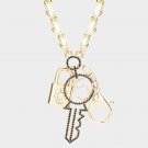 Long White Leather Gold Key Charm Necklace Pendant Style Lock Rhinestone Jewelry