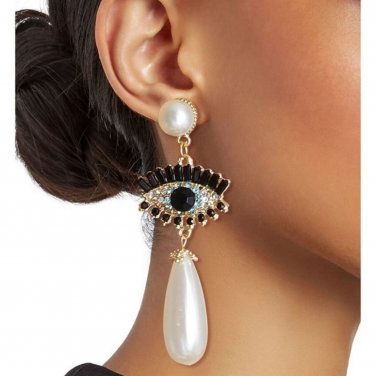 Cream Pearl Teardrop Evil Eye Dangle Earrings Gold Metal Black Blue Rhinestone