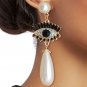 Cream Pearl Teardrop Evil Eye Dangle Earrings Gold Metal Black Blue Rhinestone