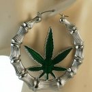 Silver Green Bamboo Textured Marijuana Door Knocker 3 Inches Leaf Hoop Earrings