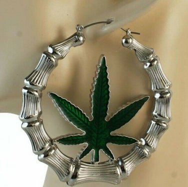Silver Green Bamboo Textured Marijuana Door Knocker 3 Inches Leaf Hoop Earrings