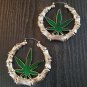 Silver Green Bamboo Textured Marijuana Door Knocker 3 Inches Leaf Hoop Earrings