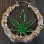Silver Green Bamboo Textured Marijuana Door Knocker 3 Inches Leaf Hoop Earrings