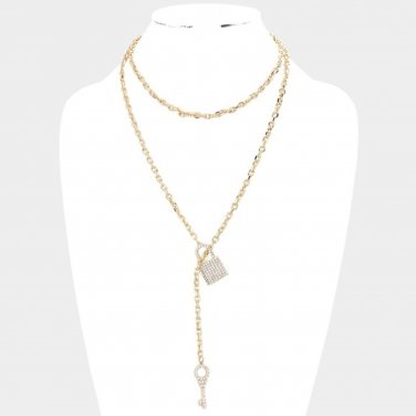 Gold Rhinestone Lock & Key Pendant Toggle Necklace Chain Crystal Link Statement