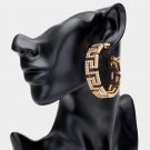 Gold Greek Key Patterned Rhinestone Crystal Bling Circle Round Hoop Earrings