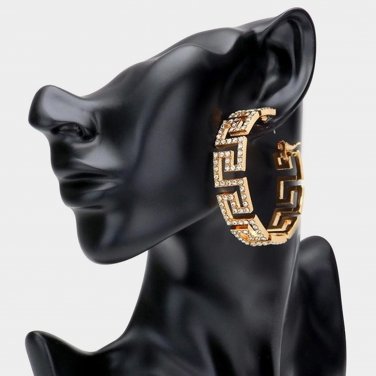 Gold Greek Key Patterned Rhinestone Crystal Bling Circle Round Hoop Earrings