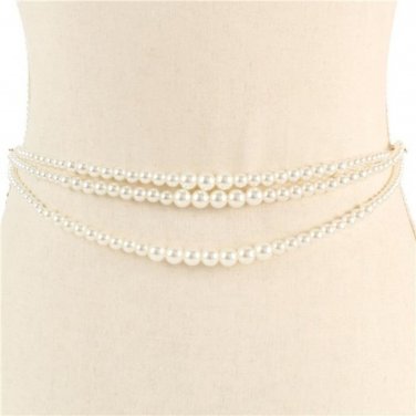 Gold Pearl Accented Waist Chain Bling Belt Trendy Statement Accessories Womens