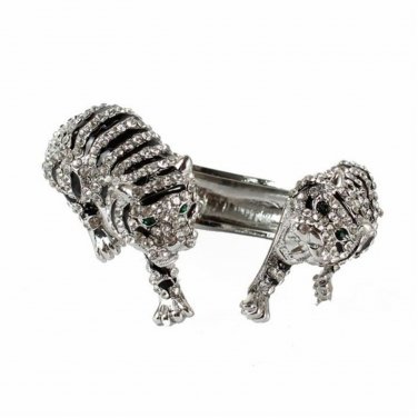 Black Silver Tiger Rhinestone Double Head Cuff Bracelet Bangle Statement Jewelry