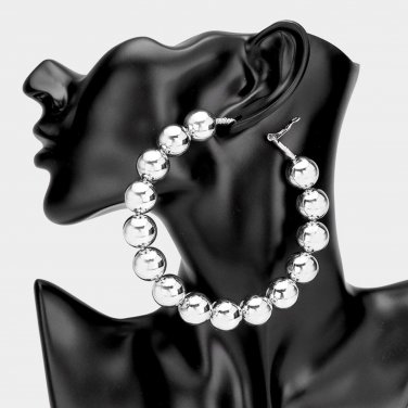 Large Silver Ball Metal Hoop Earrings 3.5" Beaded Jewelry Big Oversized Round