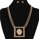 Gold Black Lion Head Charm Pendant Necklace Rhinestone Crystal Square Link Set