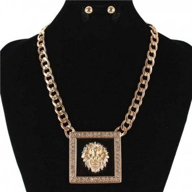 Gold Black Lion Head Charm Pendant Necklace Rhinestone Crystal Square Link Set