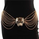 Gold Tiger Head Medallion Chain Link Pendant Belt Crystal MultiLayered Statement