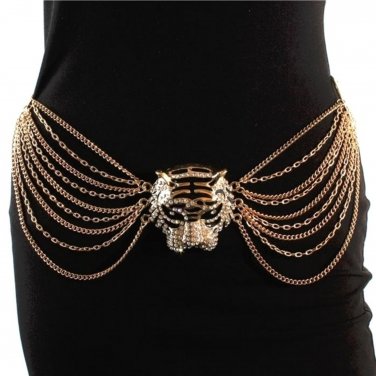 Gold Tiger Head Medallion Chain Link Pendant Belt Crystal MultiLayered Statement