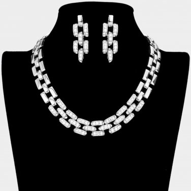 Silver Rhinestone Metal Link Necklace Chain Crystal Fashion Jewelry Accessory