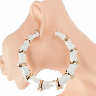 White and Gold Bamboo Door Knocker Earrings 3.5" Trendy Round Large Hoop Jewelry