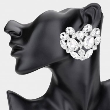 Silver Heart Stud Earrings 2" Trend Cluster Rhinestone Crystal Statement Jewelry