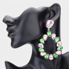 Big Pink and Green Teardrop Crystal Dangle Earrings Two Tone Statement Jewelry