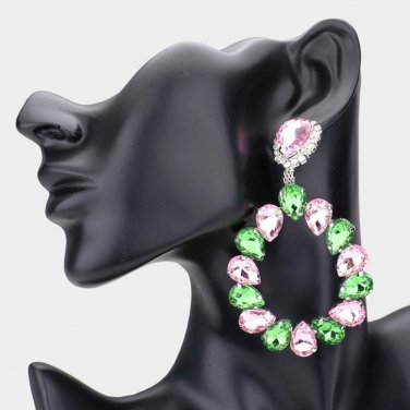 Big Pink and Green Teardrop Crystal Dangle Earrings Two Tone Statement Jewelry