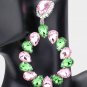 Big Pink and Green Teardrop Crystal Dangle Earrings Two Tone Statement Jewelry