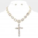 Gold Multi Crystal Stone Cross Pendant Chain Set Charm Necklace Rhinestone Bling