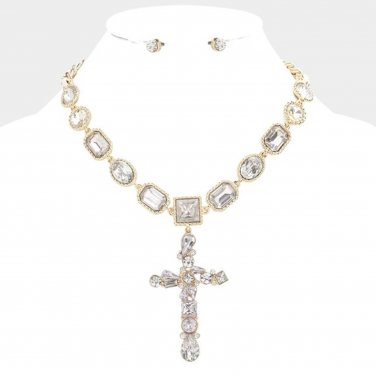 Gold Multi Crystal Stone Cross Pendant Chain Set Charm Necklace Rhinestone Bling